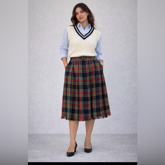 Chaus Dresses & Skirts - Vintage 80s- Chaus- Pleated Tartan, Plaid A-Line Skirt- fringe